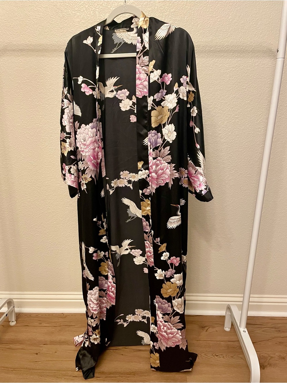 Silky Floral Crane Kimono Robe - Black with Pink & Gold Floral Print